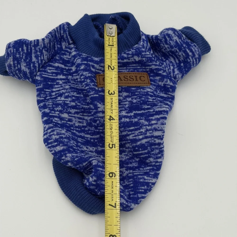 CLASSIC XXS Blue & White Knit Dog Sweater Fleece Lined Pet Pullover Warm Outfit